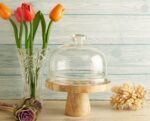 Wooden cake stand with glass cloche - Image 2