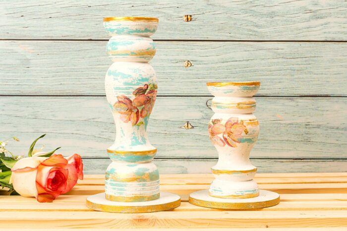 Ivory aqua decoupage candle holders - Image 2