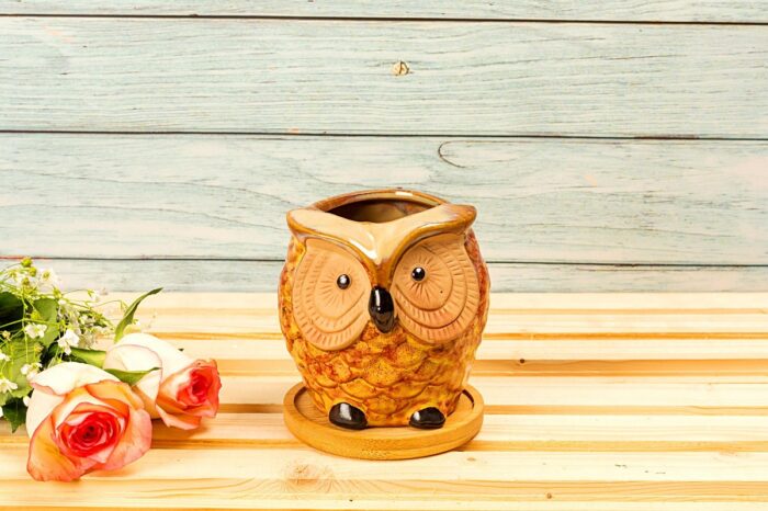 Ceramic owl planter with base plate - Image 2