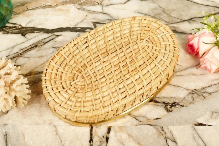 Oval cane tray with brass edging - Image 2